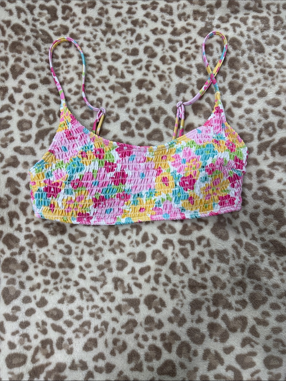 SHEIN Pink Yellow Blue Floral Smocked Bikini Top💐